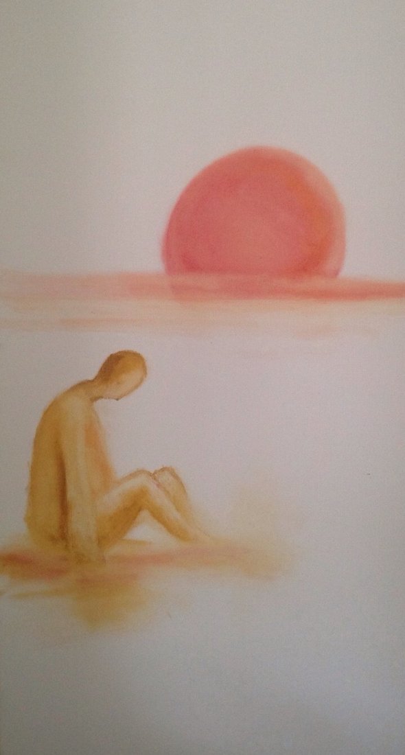 Painting: a golden figure sits bowed on the shore as a red sun sets over the sea