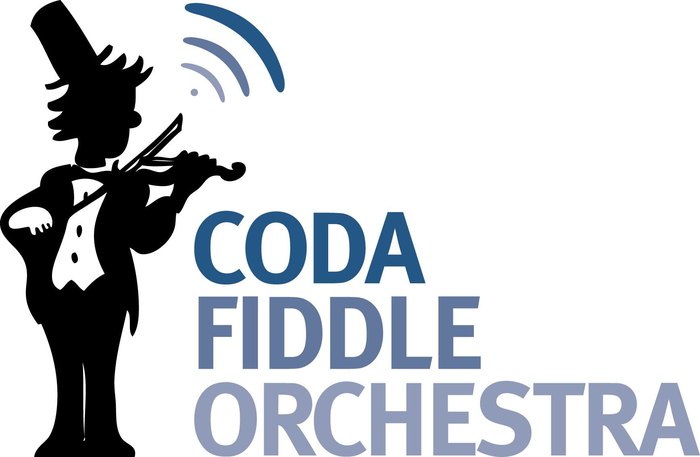 Logo of the Coda Fiddle Orchestra: a black silhouette of a top-hatted violinist beside the name in blue