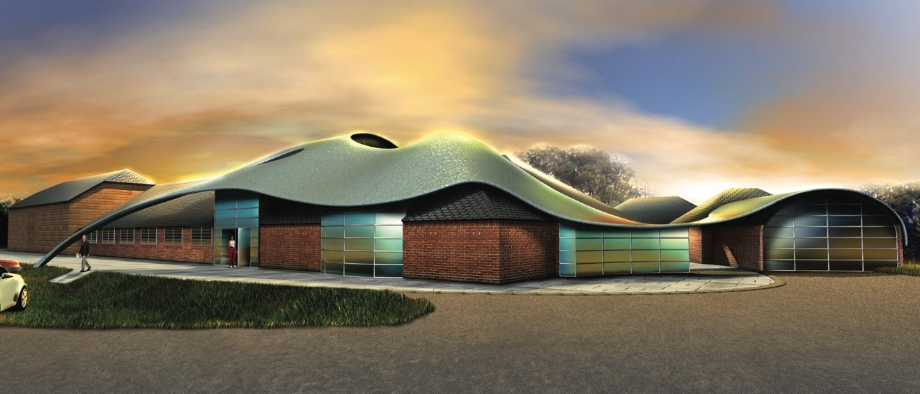 Architect's impression of a curving, copper-clad music centre built into brick farm buildings at dusk, with an amber sky