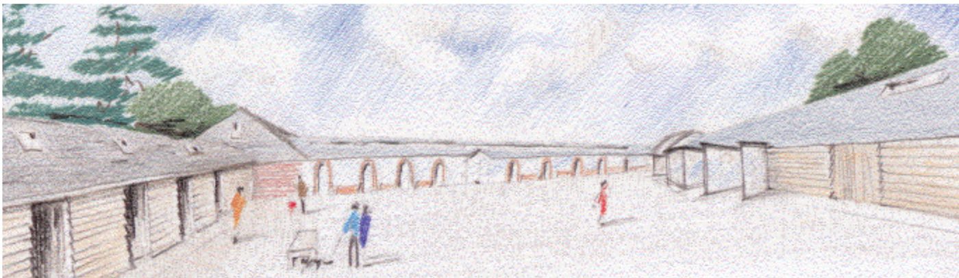 Coloured-pencil sketch of the central courtyard with timber-clad barns, a row of arches and a few people walking