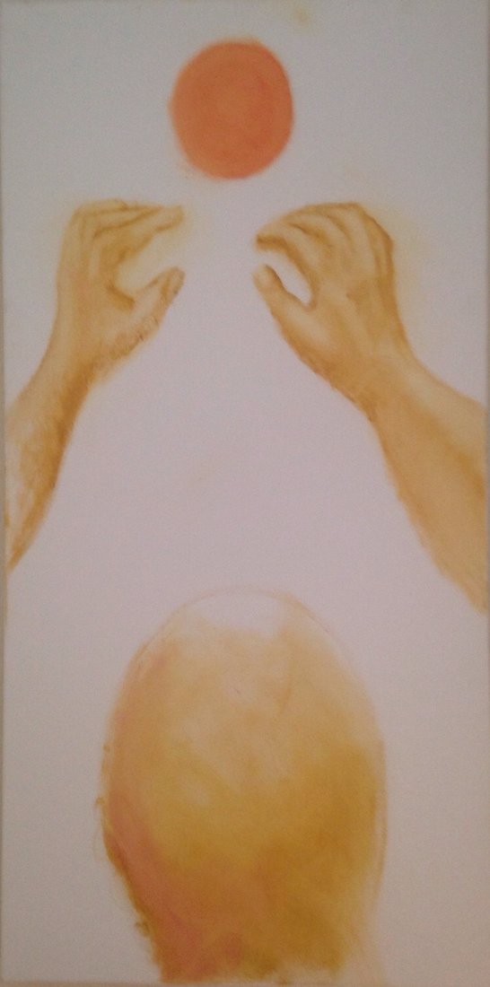 Painting: two hands reach up towards an orange sun above a large, golden bowed head