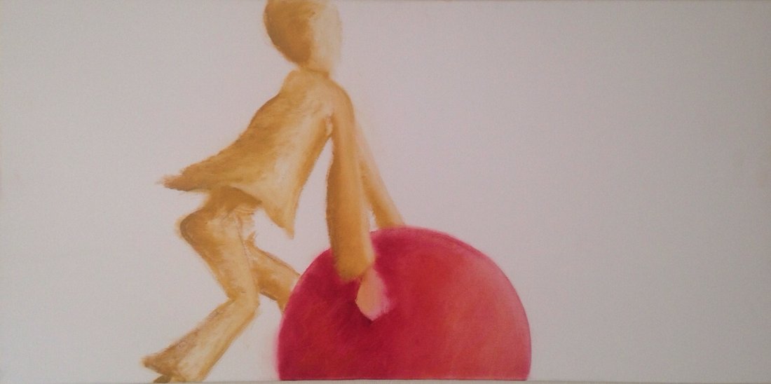 Painting: a golden figure leans forward, pushing a large red sphere