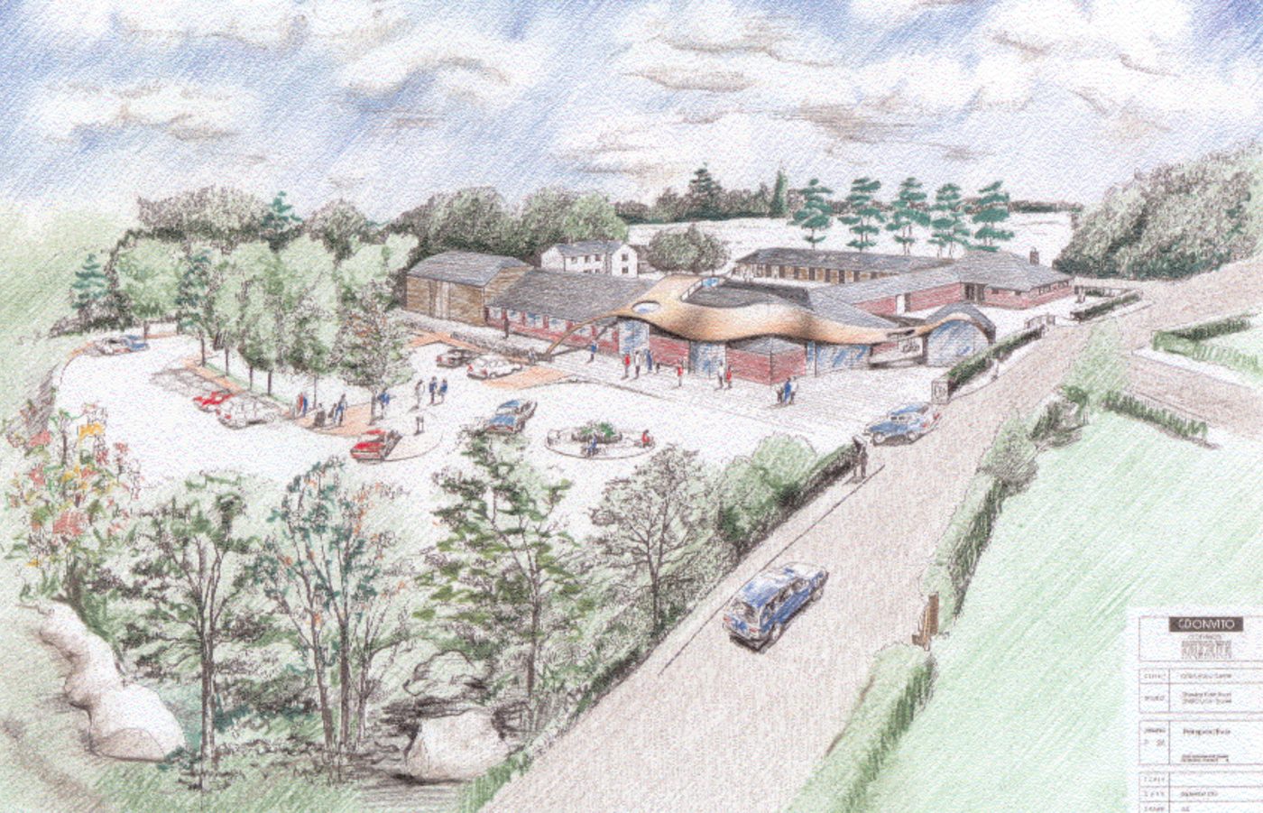 Coloured-pencil aerial view of the planned music centre: brick farm buildings with a sweeping copper roof at the entrance, a car park and mature trees